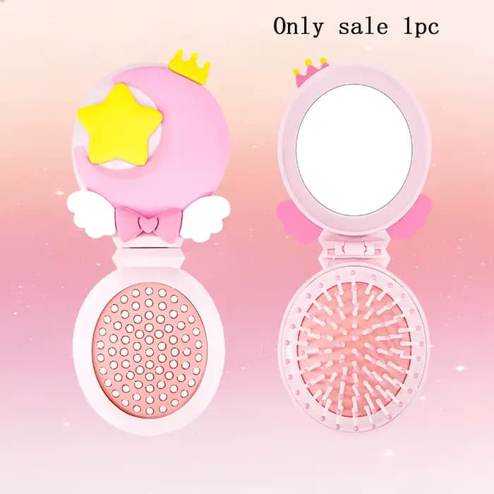 Peigne Miroir Pliant Série Magique - Design Mignon Lune & Étoile, Brosse à Cheveux Portable 2-en-1 a
