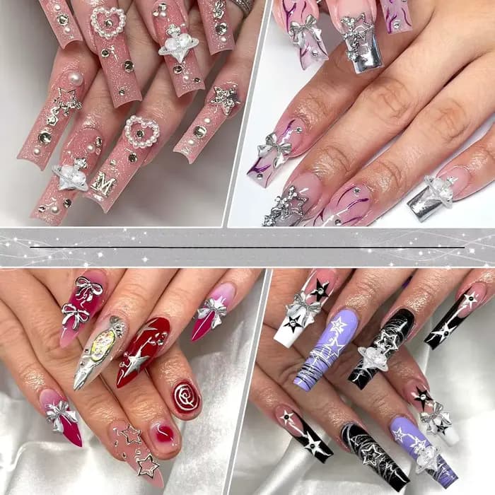 122 pièces étoile ongles breloques 3D argent ongles breloques alliage arc breloques cristal Starligh