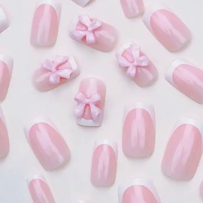 24 pièces 3D rose arc presse sur ongles courts carrés faux ongles blanc pointe française ballerine a