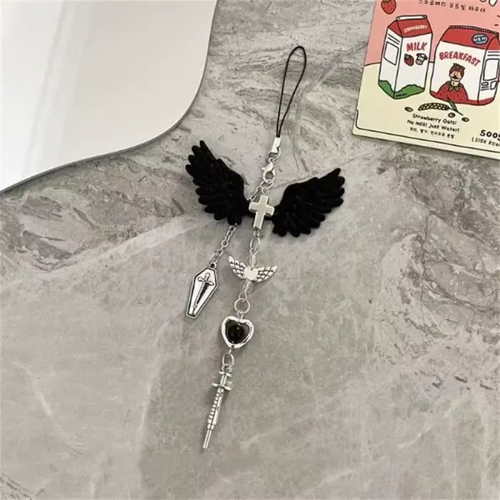 1 x Sangle de téléphone portable noire en forme de cœur ailé de style gothique, cool et créative – U