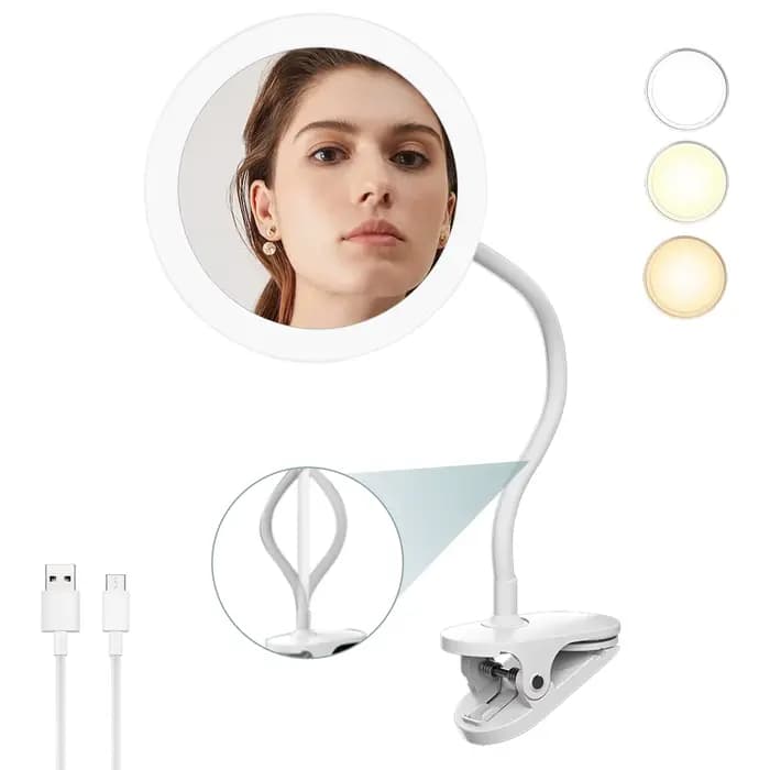 Miroir de maquillage grossissant 10X à clipser, col de cygne, miroir de vanité de 6,5 pouces avec lu