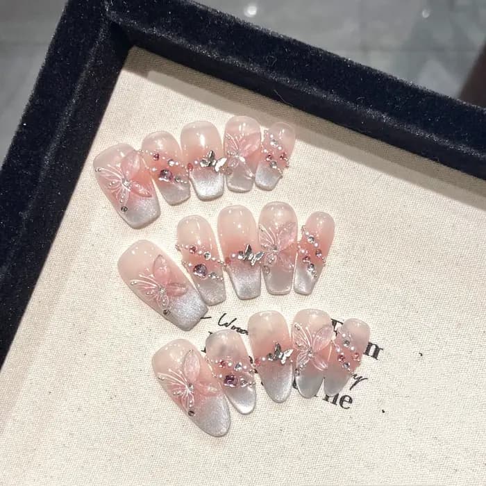 10 faux ongles réutilisables avec motif papillon, œil de chat rose, style français, faits à la main,