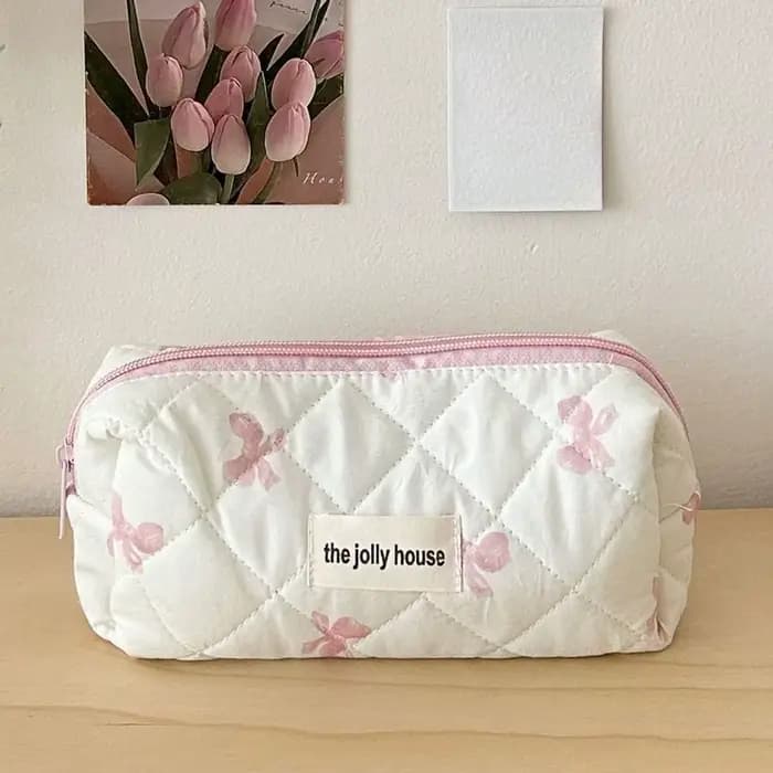 Trousse de maquillage matelassée à nœud blanc, jolie pochette à cosmétiques pour filles, grande capa