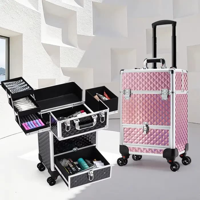 Trolley de Maquillage Roulant avec Tiroirs Coulissants et 4 Plateaux – Valise de Voyage pour Cosméti