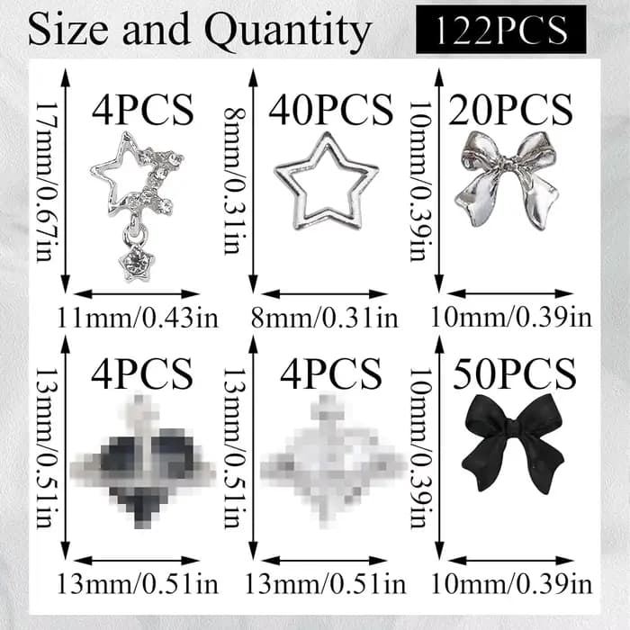 122 pièces étoile ongles breloques 3D argent ongles breloques alliage arc breloques cristal Starligh