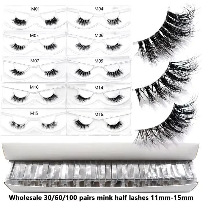 Articles en vrac 10/30/60/100 paires demi-cils de vison naturel longs moelleux vaporeux demi-cils Ex