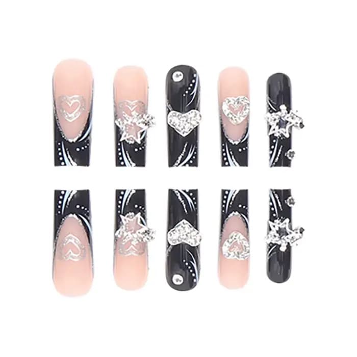 24 pièces/1 boîte noir français portant un Patch pour ongles doux et frais paillettes étoiles d'amou