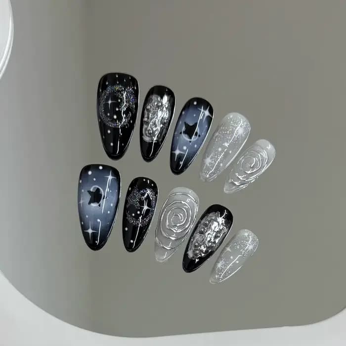 Faux ongles à pression faits à la main Y2k, ciel étoilé, amande, détachables, portables, doux et fra