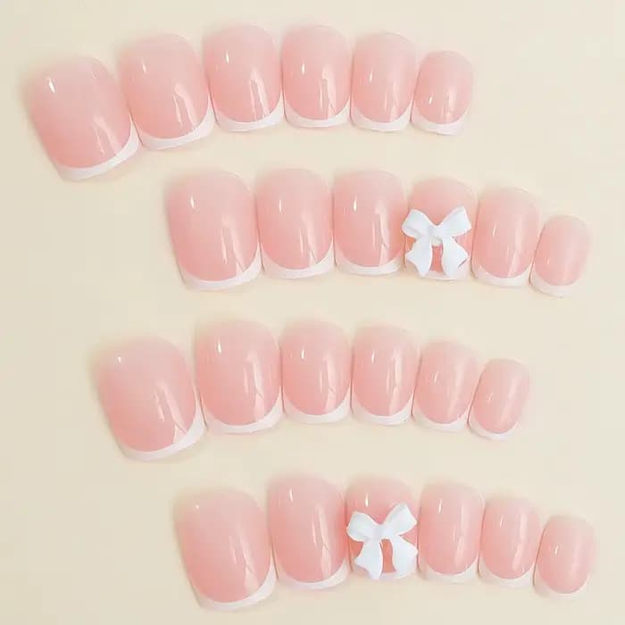 CuemployPusher-Faux ongles français, carré moyen, blanc, nœuds sur les ongles, poignées amovibles et
