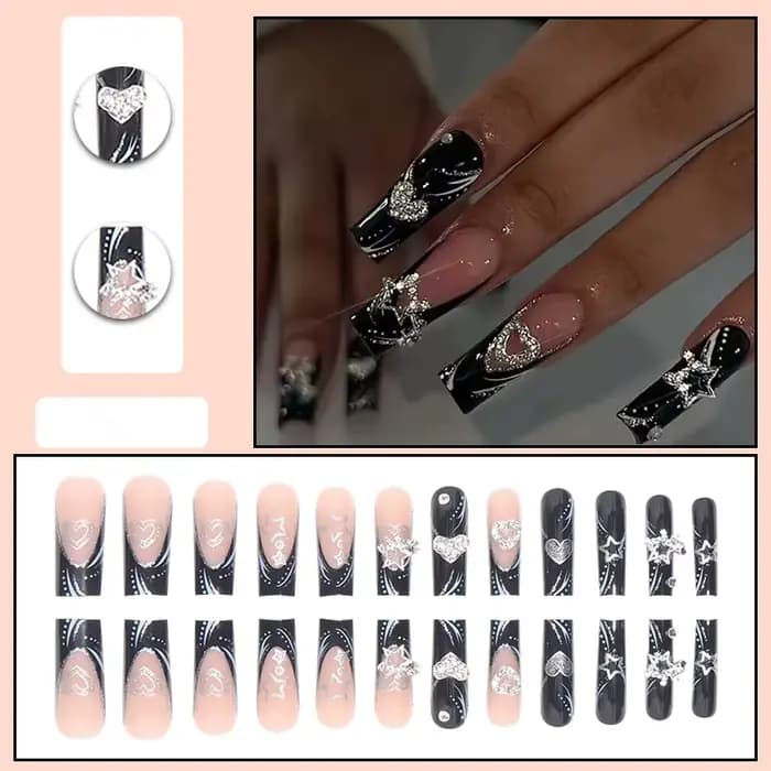 24 pièces/1 boîte noir français portant un Patch pour ongles doux et frais paillettes étoiles d'amou