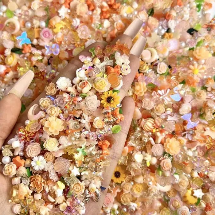 Breloques pour ongles, série Orange mixte aléatoire, fleur, papillon, résine 3D, tournesol, ours, nœ