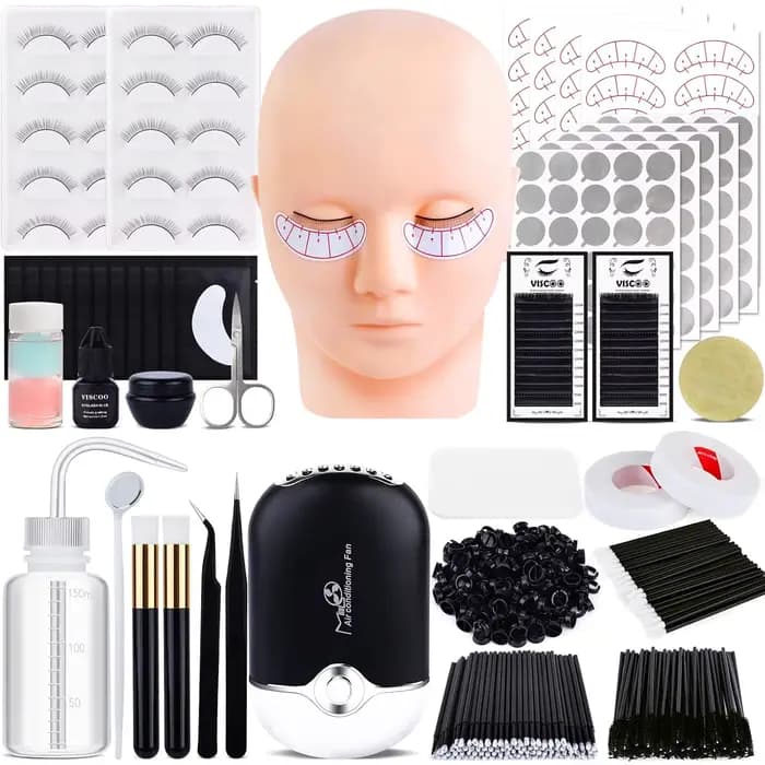 Kit d'extension de cils pour débutant avec tête de mannequin, ventilateur de cils et fournitures pou