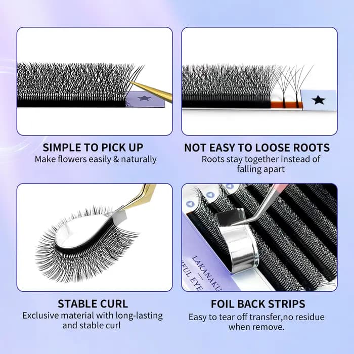 LAKANAKU Fio 5W Extension de cils en forme 6 plateaux Volume Egipcio doux individuel préfabriqué Vol