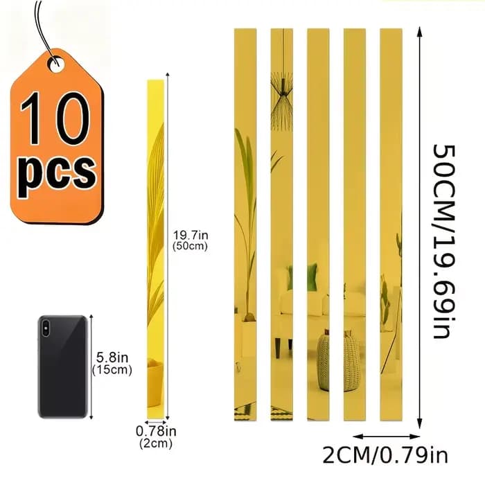 Autocollants miroir acryliques dorés auto-adhésifs, 10 pièces, 2x50cm, pour décoration murale DIY, s