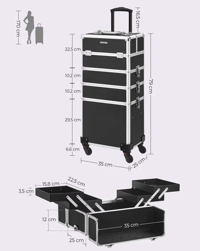 Coffret à Maquillage 4 en 1, Valise à Maquillage, Verrouillable, Roulettes, Noir