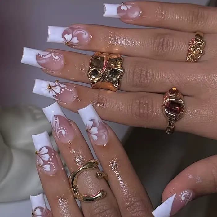 Faux ongles cercueil mi-longs, 24 pièces, pointe française blanche, ballerine à pression, imprimé fl