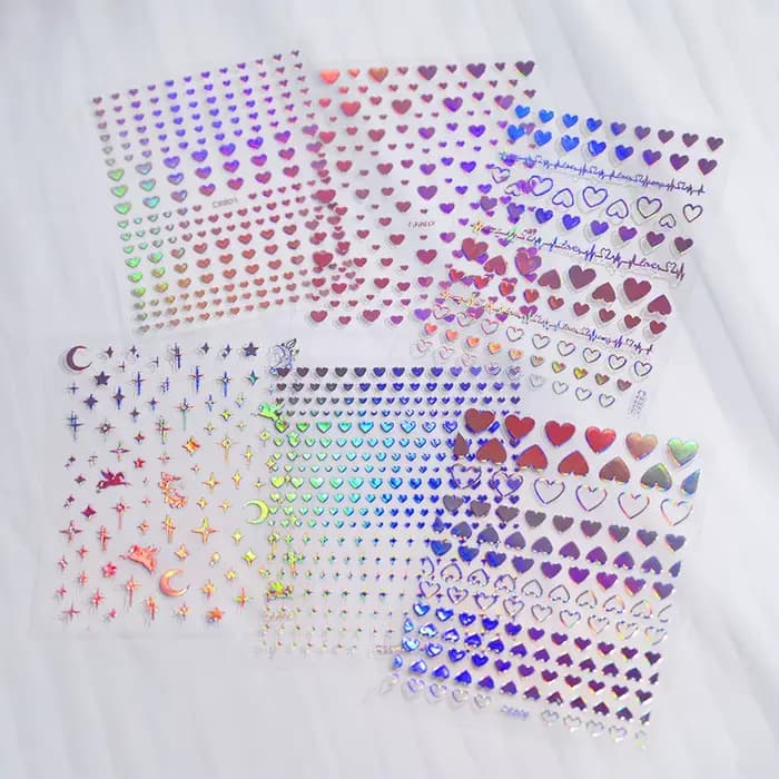4/6 feuilles/Kit holographique arc-en-ciel amour coeur autocollant pour ongles 3D Laser coeur autoco