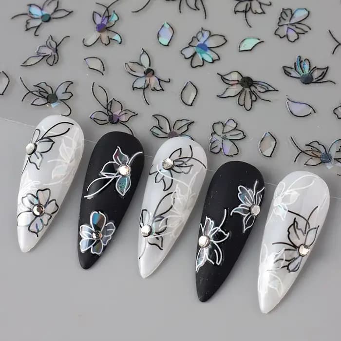 2 pièces 3D Laser noir blanc fleur décalcomanies abstraite rayure fleur pétales conception autocolla