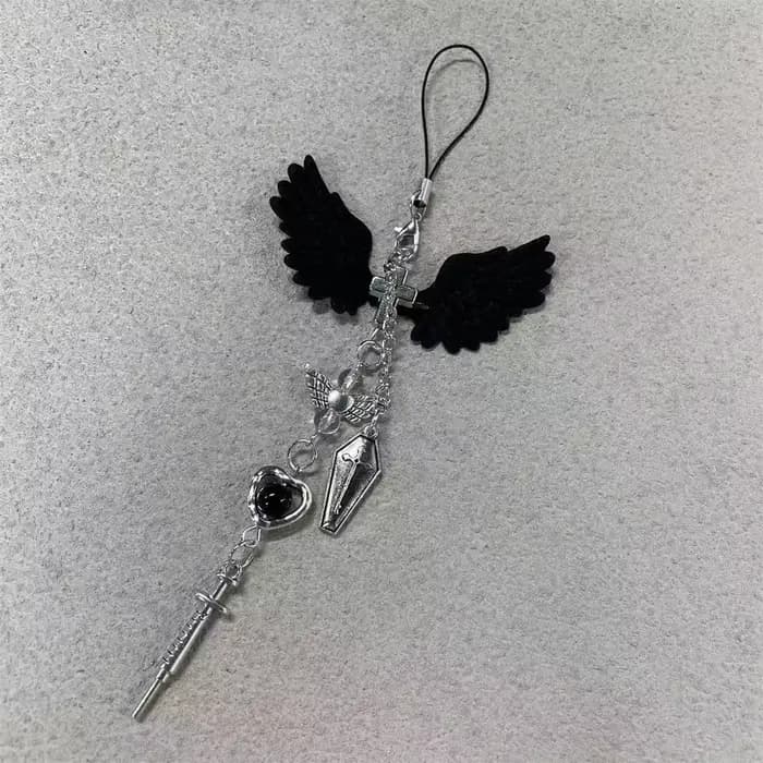 1 x Sangle de téléphone portable noire en forme de cœur ailé de style gothique, cool et créative – Un accessoire unique adapté aux niches et aux individus.