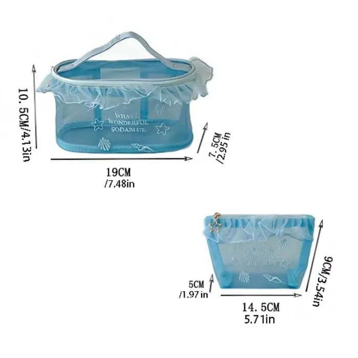 Trousse de Maquillage en Tissu Oxford Bleu Brodé avec Bord Volanté