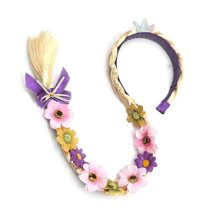 Perruques de déguisement de princesse raiponce, longues bandeaux tressés avec fleurs, accessoires de Costume pour filles