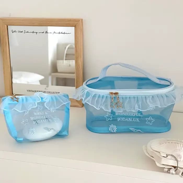 Trousse de Maquillage en Tissu Oxford Bleu Brodé avec Bord Volanté