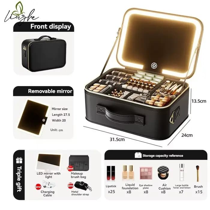 Valise à maquillage éclairée haut de gamme avec miroir : trousse