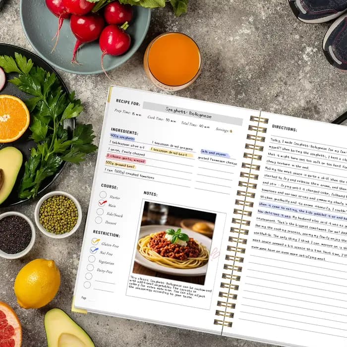 Livre de recettes A5, journal de cuisine en spirale avec ingrédients, directions, cours, redimensions et notes, planificateur de repas à couverture rigide pour la cuisine