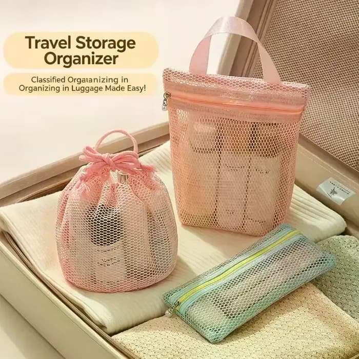 Trousse de toilette de voyage - Sac de rangement respirant en tissu maillé de grande capacité pour articles divers