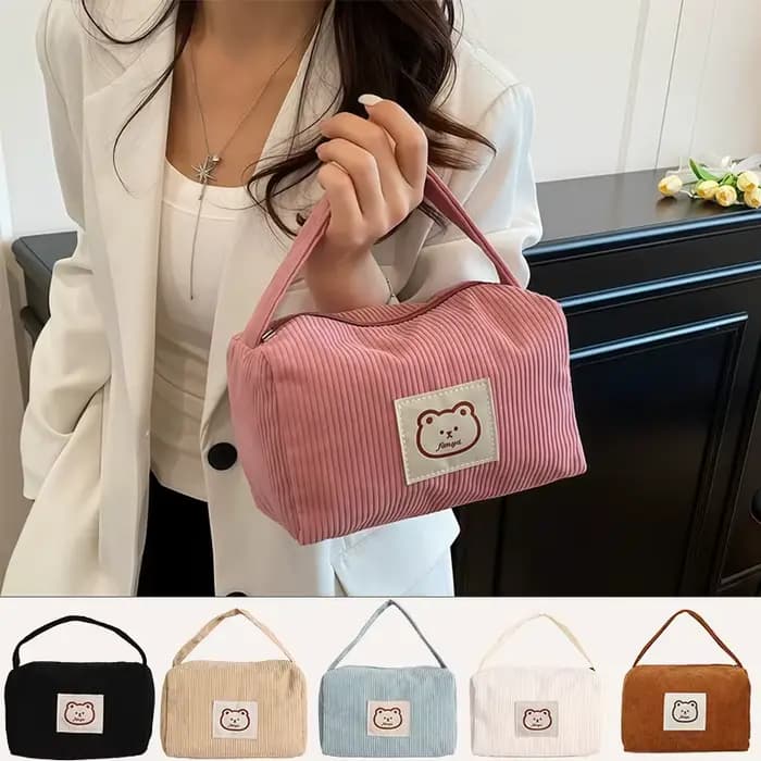 Grand sac de maquillage ours pour femmes, sac à cosmétiques en velours côtelé, sacs de maquillage, pochette à fermeture éclair avec poignée, organisateur de cosmétiques, trousse de toilette
