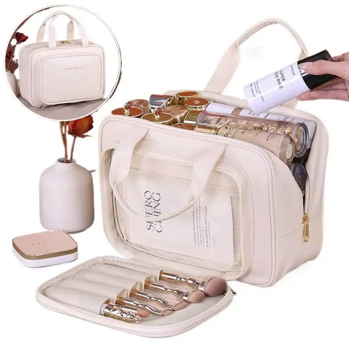 Trousse de maquillage de grande capacité pour femme – Organisateur cosmétique portable avec porte-brosse et poignée de