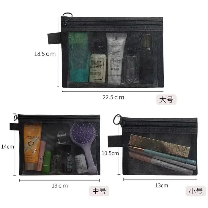 Mode petit grand organisateur noir pochette de toilette et de maquillage maille transparente fermeture éclair sac