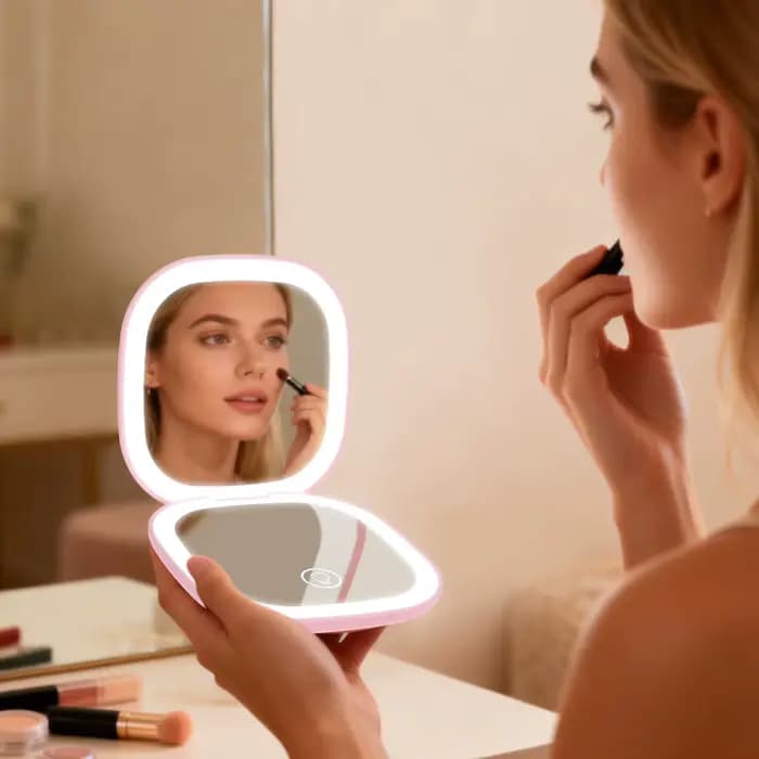 Miroir de maquillage compact LED 90 mm, à intensité variable, double face, grossissement 1X/10X, miroir de poche avec lumière, rechargeable par USB, 3 modes d'éclairage pour