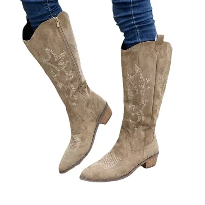Bottes de cowboy occidentales brodées pour femmes, automne, Parker pointu, talon optique, bottes hautes au genou, cuir PU, bottes longues