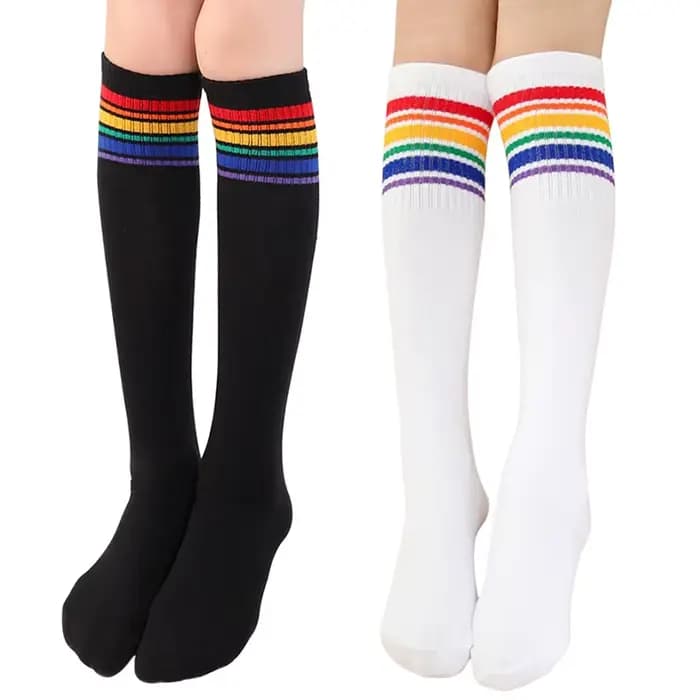 Chaussettes hautes en coton arc-en-ciel pour enfants, longues et hautes, chaussettes d'école élastiques, bonneterie tube de golf, rayures noires et blanches, filles et garçons