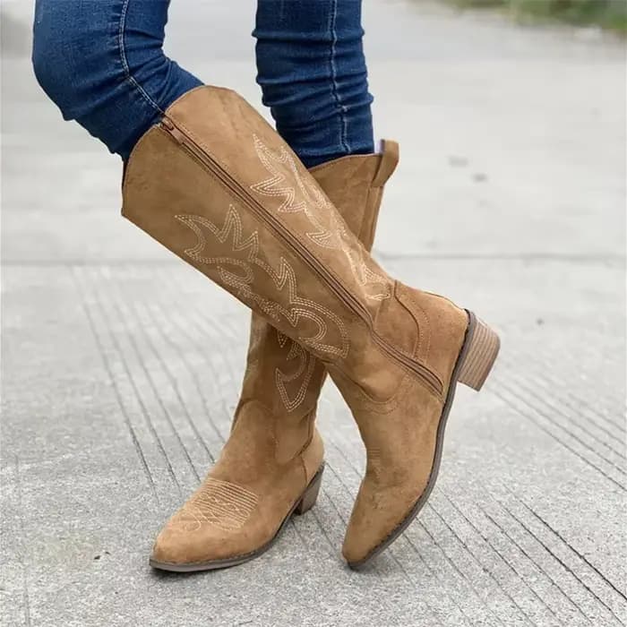 Bottes de cowboy occidentales brodées pour femmes, automne, Parker pointu, talon optique, bottes hautes au genou, cuir PU, bottes longues
