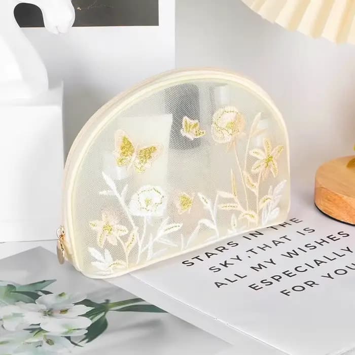 Trousse de Toilette Portable Grande Capacité en Maille Broderie Florale Organisateur de Maquillage Sac Cosmétique Femme