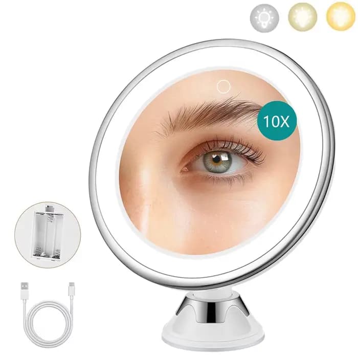 Miroir de maquillage portable grossissant 10X avec 3 couleurs de lumière