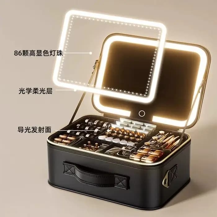Valise à maquillage éclairée haut de gamme avec miroir : trousse