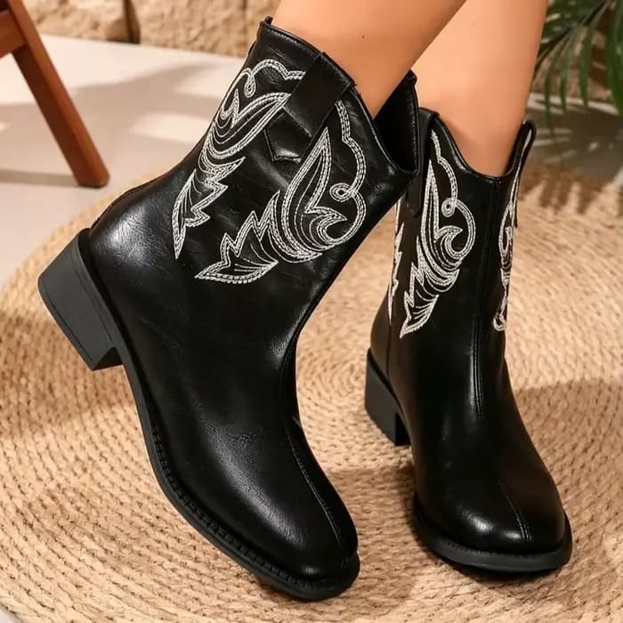 Bottes de cowboy pour femme, mi-mollet, bout rond, style cowgirl, à enfiler, talon épais, rétro, bottes d'équitation western pour femme