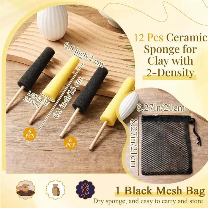 VELIF-12 pièces éponge de poterie pour éponges de poterie en argile avec bâton d'éponge à 2 densité pour éponge d'argile de pote