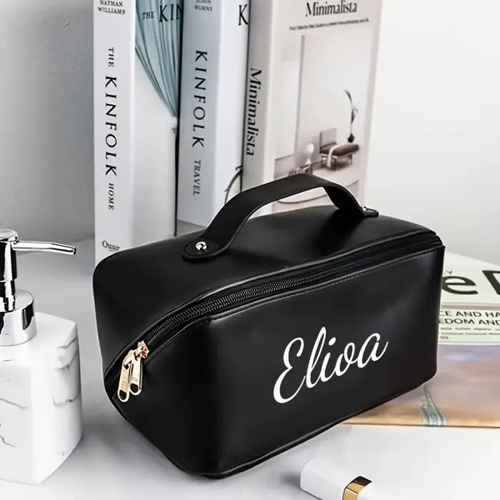 Pochette de maquillage personnalisée avec nom brodé - Organisateur de cosmétiques grande capacité avec fermeture à glissière et poignée supérieure