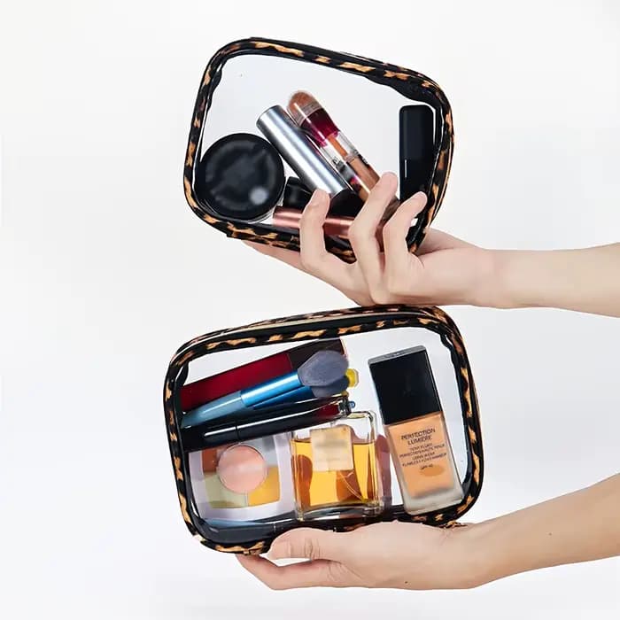 Trousse de maquillage transparente à imprimé léopard