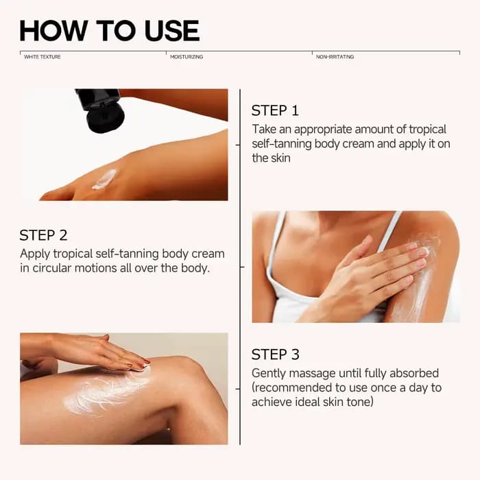 La lotion autobronzante peut être utilisée sur toutes les parties du visage et du corps pour hydrate et hydrater.