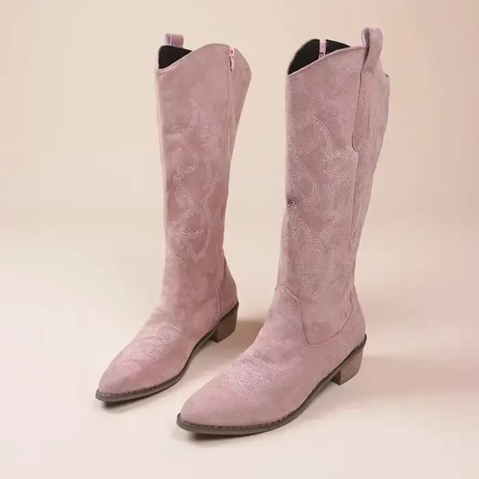 Bottes de cowboy occidentales brodées pour femmes, automne, Parker pointu, talon optique, bottes hautes au genou, cuir PU, bottes longues