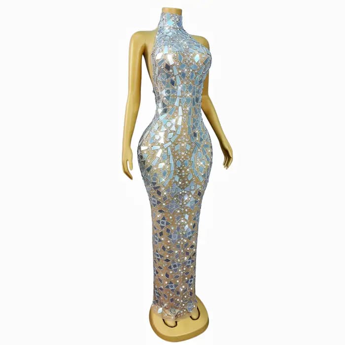 Robe de Soirée Élégante Jingshe pour Femme, en Maille Transparente, avec Strass et Miroirs Argentés, Dos Nu, Idéale pour Mariage, Bal de Promo ou Tenue de Scène