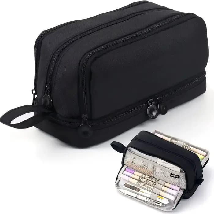 Sac à crayons noir, étui à stylos de grande capacité