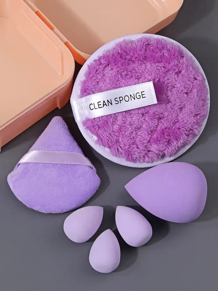 Ensemble d'éponges de maquillage violettes avec boîte de rangement