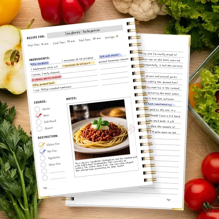 Livre de recettes A5, journal de cuisine en spirale avec ingrédients, directions, cours, redimensions et notes, planificateur de repas à couverture rigide pour la cuisine