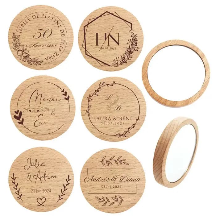 Miroir de poche rond Compact en bois gravé